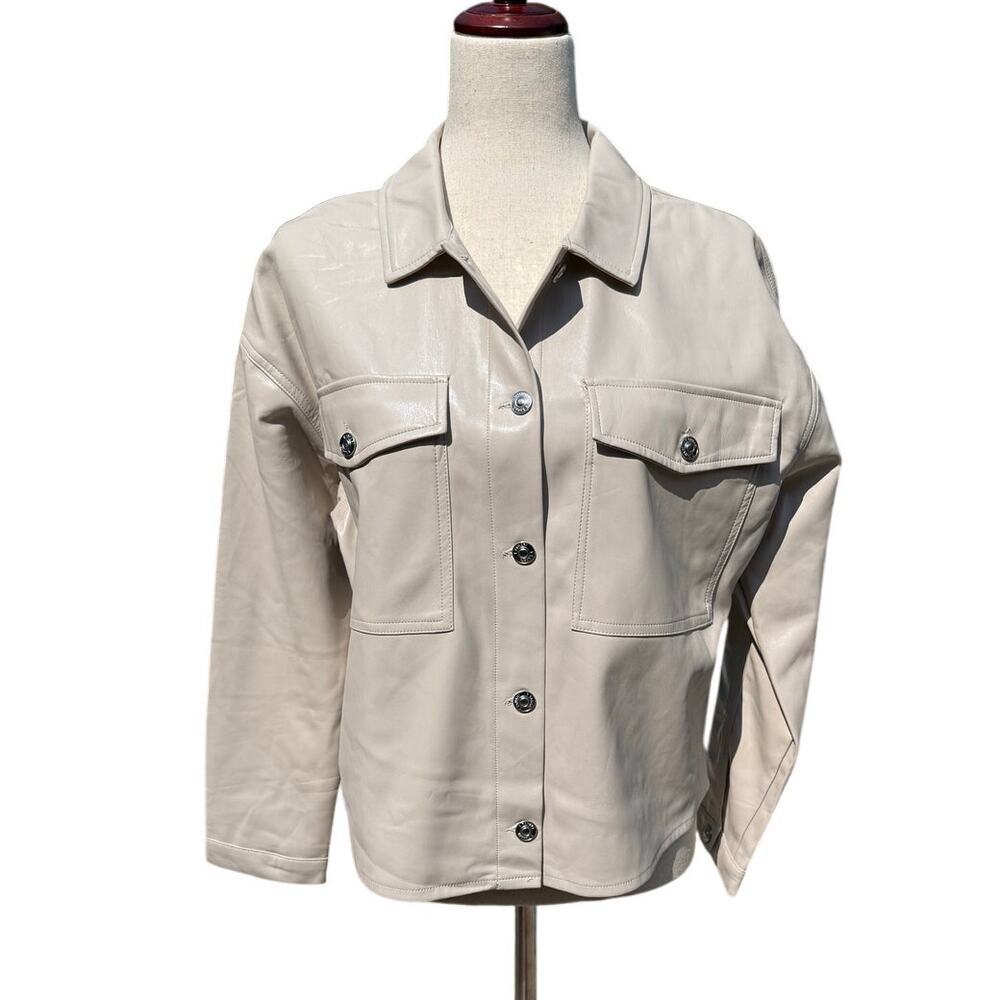 Tahari Faux Leather Jacket Taupe Beige Women’s Medium NWT Silver Buttons